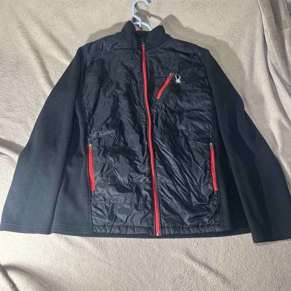 Spyder Mens XL Black Hybrid Quilted Fleece Full Zip Ski Jacket Red Accents
